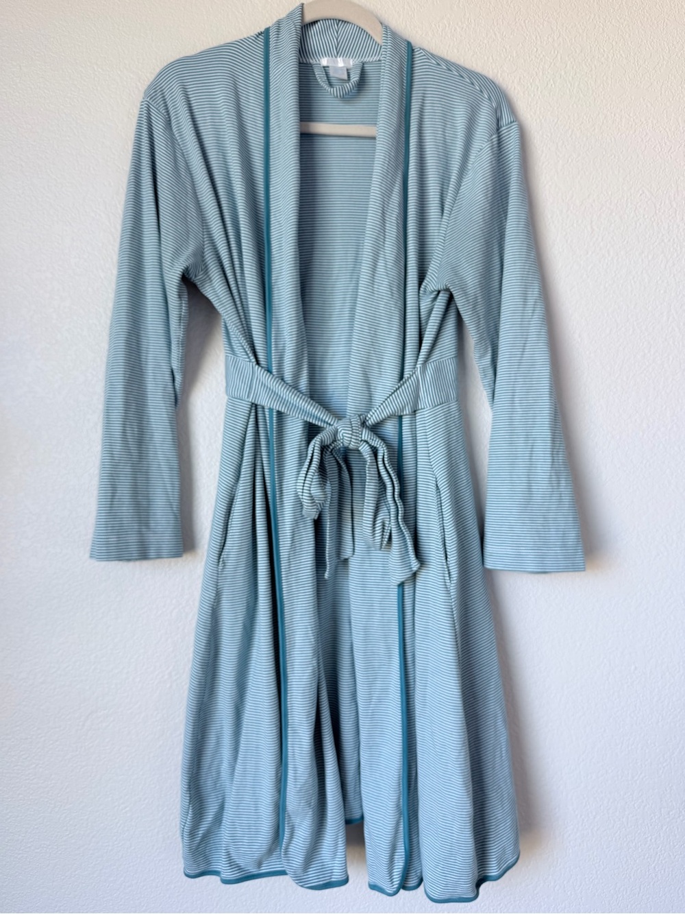 LAKE Pajamas Pima Cotton Striped Belted Short Robe Teal Blue White Size Small S